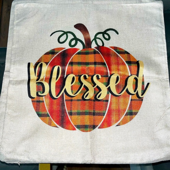 Blessed plaid thanksgiving pumpkin linen pillow cover - Picture 1 of 2